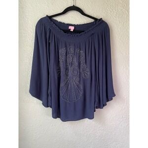 Lilly Pulitzer Smocked Off Shoulder Top Embellished Navy Blue Blouse